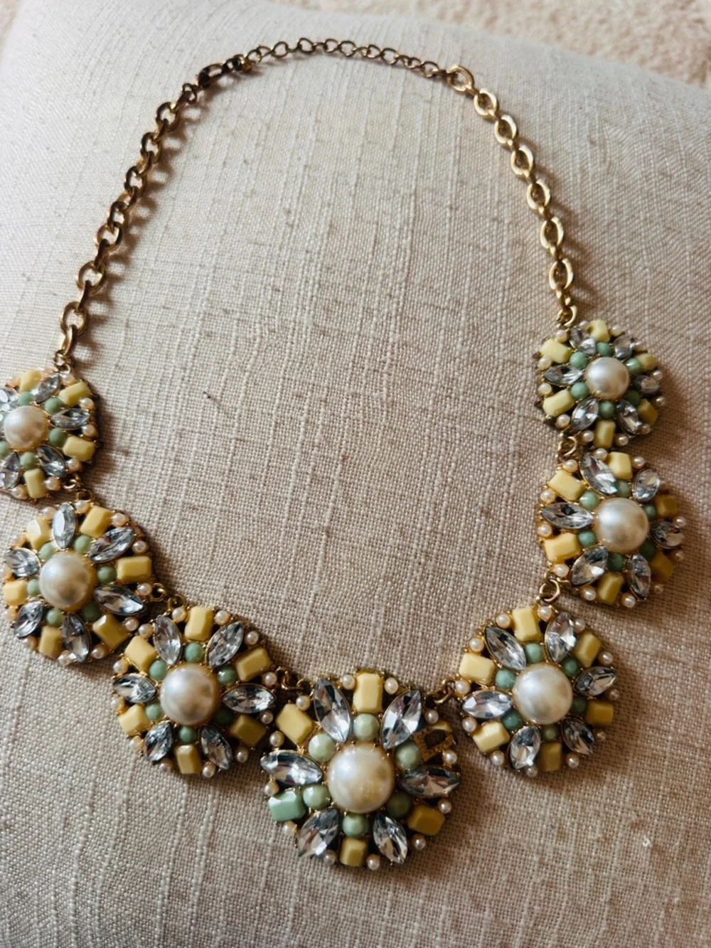 Vintage Gold-Tone Necklace with Yellow and Mint Floral Medallions - Picture 3 of 3